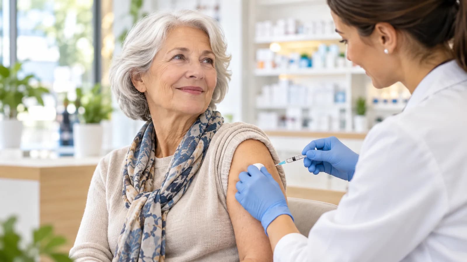 Personne senior recevant une vaccination en pharmacie dans un cadre rassurant
