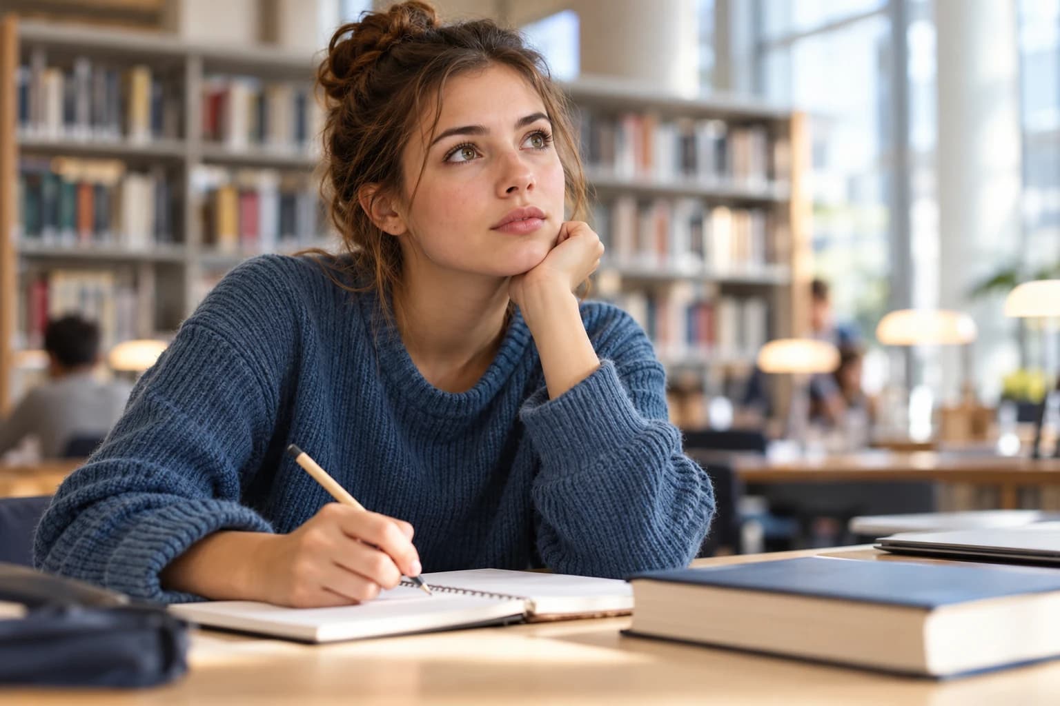 Étudiante en réflexion dans une bibliothèque, un crayon à la main et un cahier ouvert.
